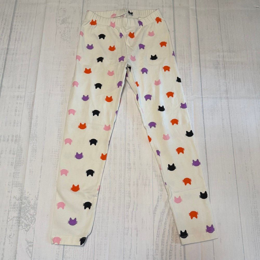 Cat & Jack Girls Medium 8 Leggings Cream Colorful Cat Print Elastic Waist Pants